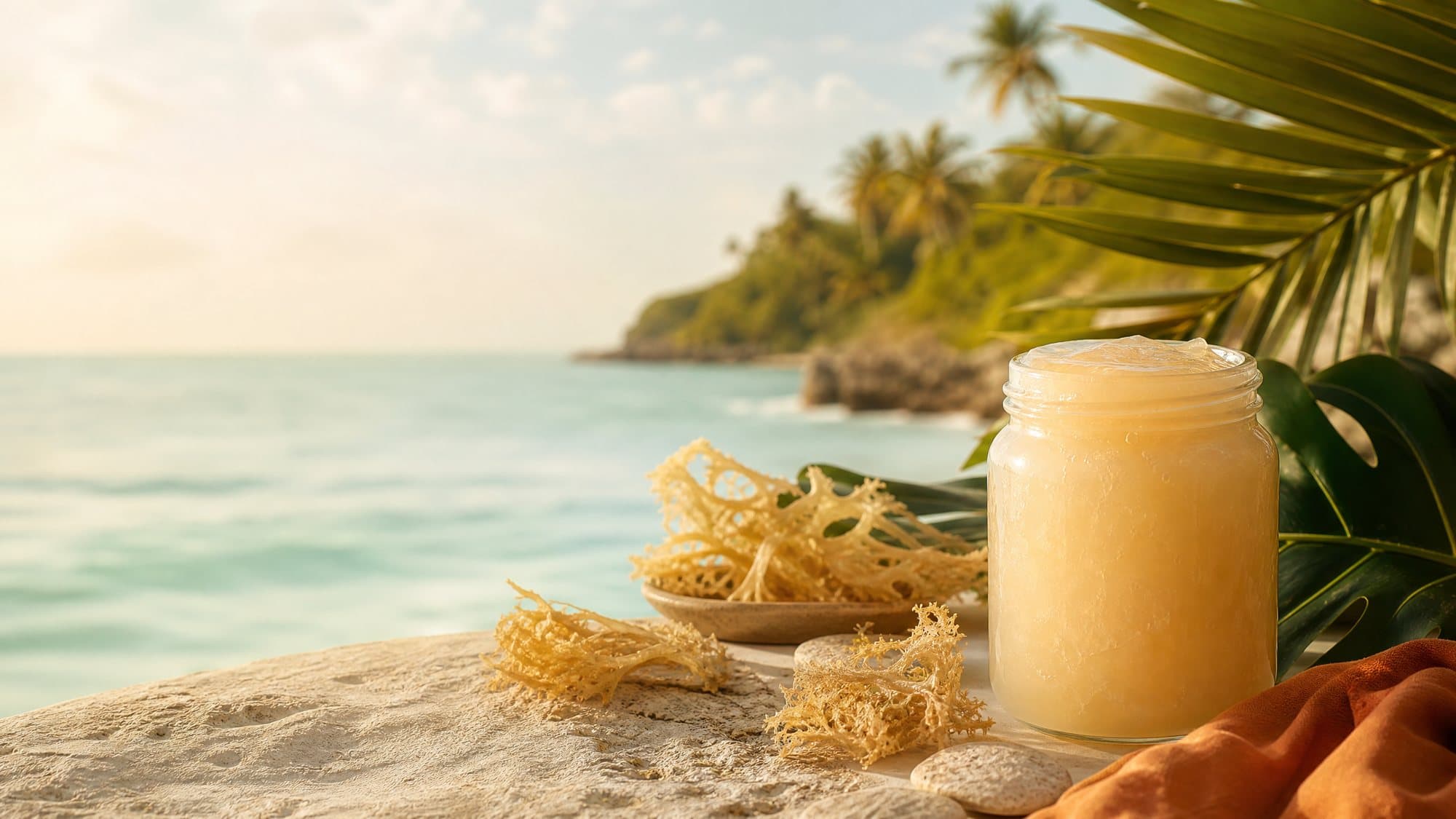 Sea moss gel in a glass jar on a sunlit rock above the Jamaican shoreline