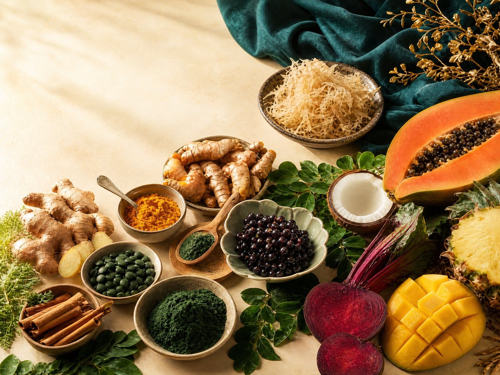 Dried sea moss with turmeric, ginger, moringa and berries on a warm surface